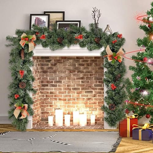 Guirnalda de Navidad Artificial de 2,7 m con piñas, Bayas, Lazos de Lino, Guirnalda de Navidad Artificial para Puerta, escaleras, chimeneas, Guirnalda de Corona de Navidad
