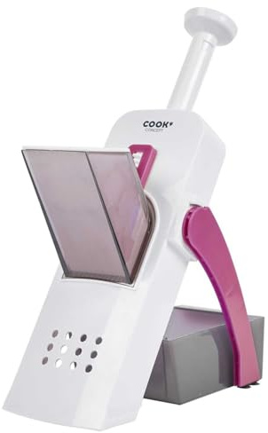 COOK CONCEPT Mandoline 4-en-1 avec Bac de Récupération Ergonomique Noire | 4-en-1, juliennes dés bâtonnets rondelles, bac de récupération, manche à ressort, pied rétractable, matériaux solides, noire