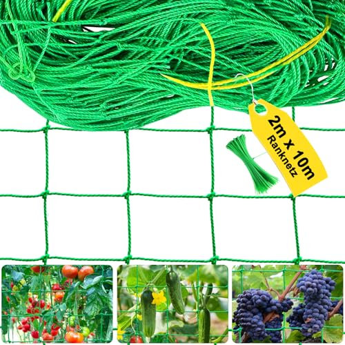Ranknetz 2M x 10M - Ranknetz für Gurken & Kletterpflanzen, Gurkennetz Gartennetz mit 10cm Maschnweite, Pflanzennetz für Tomaten mit 50 pcs Pflanzenbindern, Rankhilfe für Kletterpflanzen