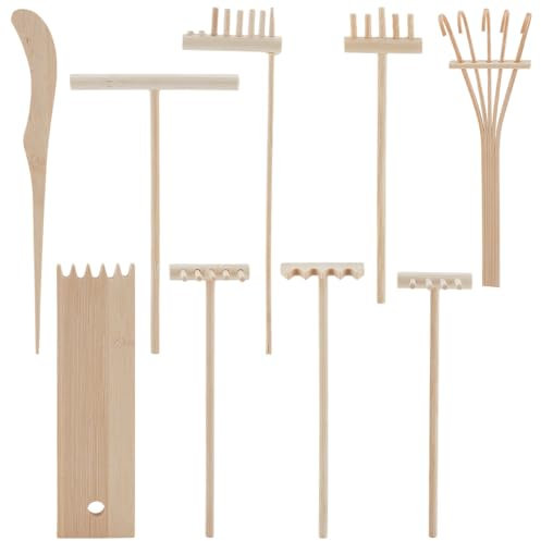 WEBEEDY 9 Ensemble D'Outils pour Râteau de Jardin Zen Style Japonais pour Décor de Bureau pour Jardin Zen pour Bureau Accessoires de Jardin de Sable de Roche de Méditation Mini Cadeaux Zen (Beige)