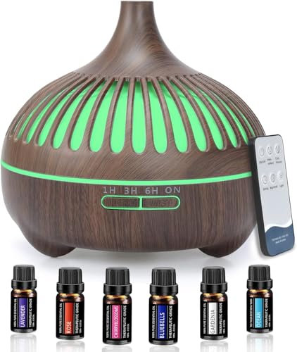 Difusor De Aroma, 550 Ml Difusor Ultrasónico De Aromaterapia con 6 Aceites Esenciales De 10 Ml, Humidificador con Led De 7 Colores, 4 Temporizadores, Libre De Bpa, para Yoga, Oficina, SPA