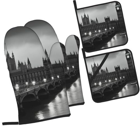 Mitaines De Cuisine Londres Anti Chaleur Kitchen Gloves Professionnel Maniques Cuisine pour Cuisson Barbecue Grillade,4 Pièces