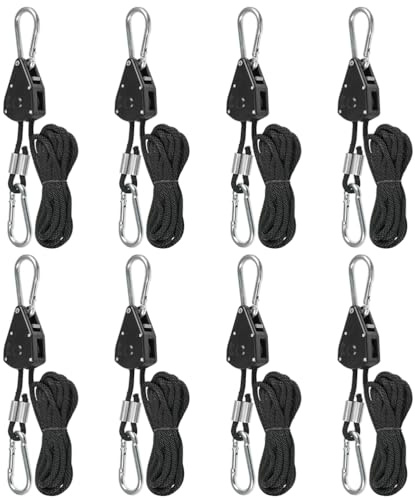 Gancho para Cuerda de Carraca 8 Pzs Trinquete de Cuerda 150 Libras, TIMESETL Cuerda Trinquete Colgador Ajustable Suspensión de Trinquete para Lámpara Planta Interior Luz de Crecimiento (4 Pares)