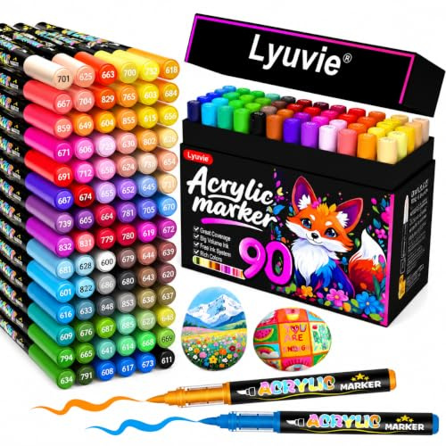 Lyuvie 90 Couleurs Feutre Acrylique, Acrylic Paint Brush Marker à Peinture à Base D'eau, Marqueur Peinture Acrylique pour Pierre,Bois,Galets,Papier, Tissu,Verre, Plastique