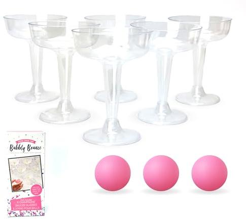Lizzy Champagne Party Pong 6pc Champagne Saucer Glasses & 3pc Ping Pong Balls | Novelty Drinking Beer Pong Skilful Game Joke Funny Novelty Summer Hen Party, BBQ & Office Game (One Pack)