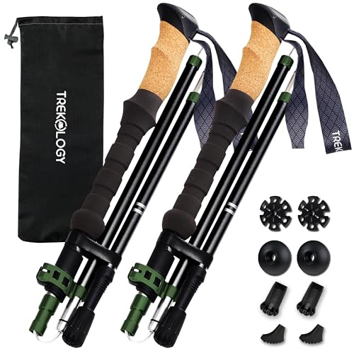TREKOLOGY Trek-Z Cork Grip Trekking Poles – Lightweight Folding Hiking Poles, Adjustable Height, Compact Travel Design, Aircraft-Grade Aluminum Walking Sticks for Men & Women (Black with Green)