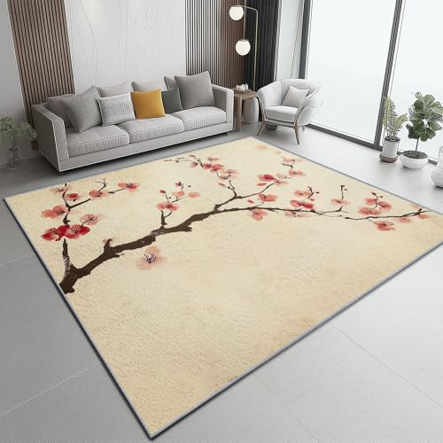 Beige Alfombra de Salón 40x60 cm - Diseño de Oriental Tradicional Flor De Cerezo Pelo Corto Lavable Antideslizante Alfombras, para Sala de Estar Comedor Dormitorio Decoración del Hogar