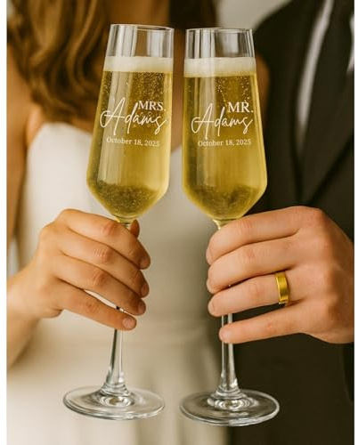 Juego de 2 copas de champán personalizadas, copas de champán grabadas para novia y novio, copas de vino personalizadas, regalos de compromiso, regalo de boda, decoración de boda, copas de brindis Mr