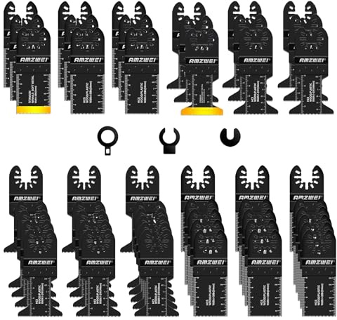 AMZWEI 50PCS Multi Tool Blades,Titanium Multitool Blades for Wood & Metal | Titanium & HCS Oscillating Multi Tool Blade Quick Release Compatible with Bosch,DeWalt, Milwaukee,Makita, Dremel,Ryobi