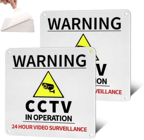 Aluminium CCTV in Operation Sign, Pre-drilled & Self-Adhesive CCTV in Operation Sign, 2 Pack 15 x 15cm Waterproof UV-Resistant Camera Signs Outdoor for Home, Office, Store, Warehouse