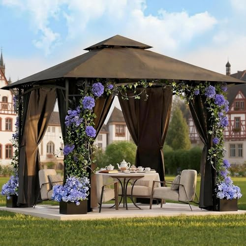 Devoko - Cenador de jardín (3,3 x 3,3 m, con 4 macetas, aluminio, pabellón de jardín, doble techo, aireado, marco follaje, cortinas desmontables, protección UV e impermeable, ideal para exteriores