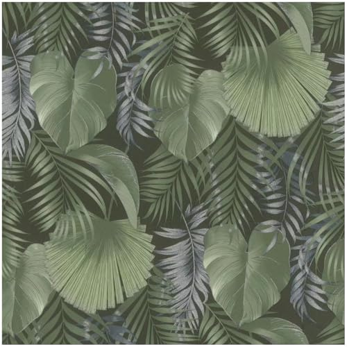 YöL Tropical Palm Leaf Vinyl Wallpaper in Sage Green and Silver on Dark Background Elegant Botanical Jungle Design for Living Room Bedroom Dining Room or Feature Wall Decor