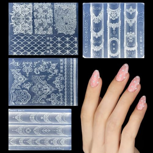 NICENEEDED Moule à Ongles en Silicone 4D Dentelle 3 pièce Breloques en Dentelle Classique de Formes Variées Gabarits de Manucure en Résine à Volants pour Nail Art Outils de Manucure