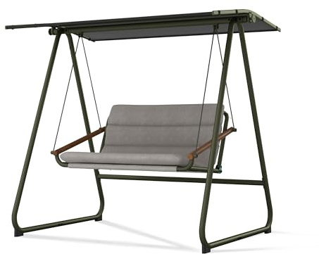 KHG Hollywoodschaukel 2-Sitzer mit Stahlgestell dunkelgrün, teakfarbenen Armlehnen, grauen Polyester-Auflagen & Sonnendach, belastbar bis 220 kg