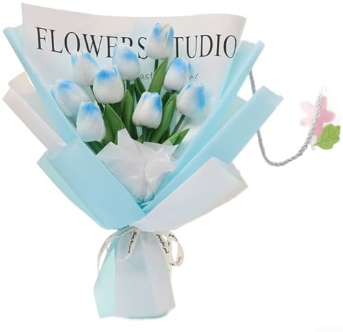 TDCuizent Koreansk stil jul tulpanbukett, elegant konstgjort konstblomsterarrangemang i rosa röd blå, 35 cm festlig dekor för hem bröllop födelsedagsfest, väska med fönster ingår (blå)