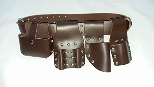 Builder's Mate Leather rivet Reinforced ScaffoldersTool Belt 4 Pockets /Pouches - Pure Brown Scaffolding Leather Toolset Belt - 5 IN 1 Special