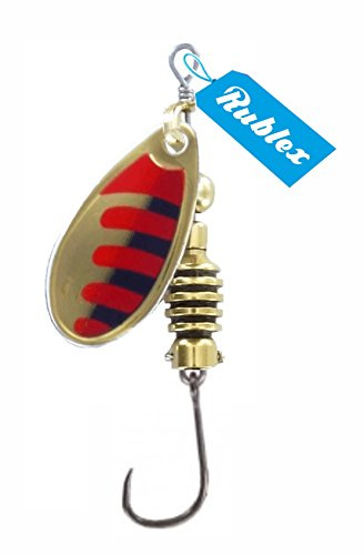 Rublex - Pack de 5 Cucharillas de Pesca Celta-3 ORN | Cebo Artificial de Pesca con Anzuelo Simple sin Muerte Fácilmente Intercambiable con Sistema Quita-Vueltas, Color Oro Rojo Negro, 5gr