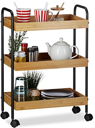 Relaxdays Rollwagen, 3 Ablagen, natürliche Optik, 360° drehbare Rollen, Stahl, HxBxT: 70x50x28cm, Natur/schwarz