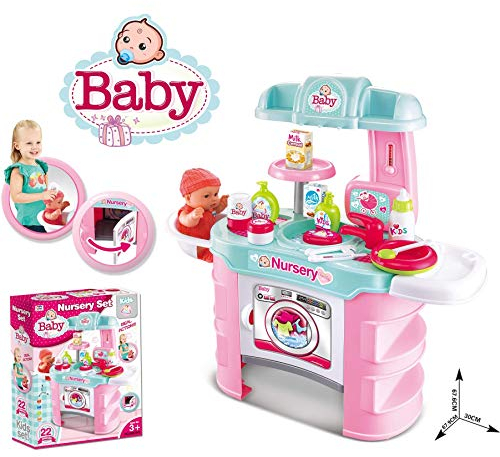 TikTakToo Puppen Pflegecenter für Spielzeugpuppen max 43 cm mit Waschbecken,Waschmaschine, Tischsitz, Thermometer und viel Zubehör - komplettes Spielset ohne Puppe
