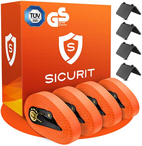 SICURIT. Spanngurte mit Ratsche – 4 Stück 6m, 1000Kg – TÜV G/S geprüft – DIN EN 12195-2 – Extrem robuste Zurrgurte - Ratschengurte zur Ladungssicherung – inkl. 4 Kantenschoner