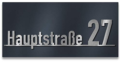 Metzler Hausnummern-Schild mit Straße - individueller Schriftzug aus Edelstahl - massiv & nicht rostend - alle Zahlen & Ziffern möglich - Anthrazit (700 x 350 mm)