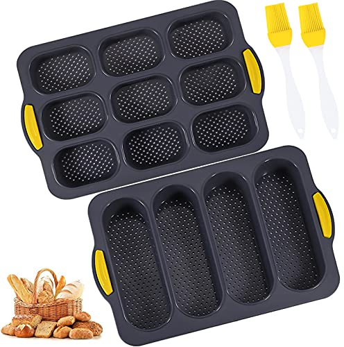 Frasheng 2 Pezzi Stampo Baguette in Silicone, Teglia da Forno Perforata Antiaderente per Mini Baguette, Teglia per Pane Con 2 Pennelli