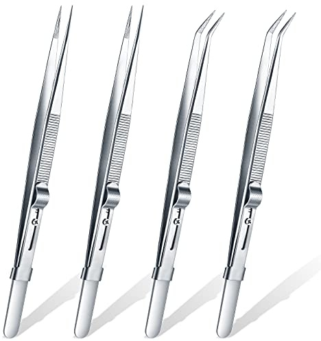 4 Pieces Precision Soldering Tweezer ESD Industrial Electronic Tweezers Tool Set Include Fine Point Tip Straight Tweezer and Locking Curved Tip Precision Tweezer for Jewelry Makeing Craft
