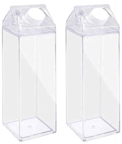inheming 2 Stück Klare Milchkarton Wasserflasche 500 ML Quadratische Milchflasche Kunststoff Transparent