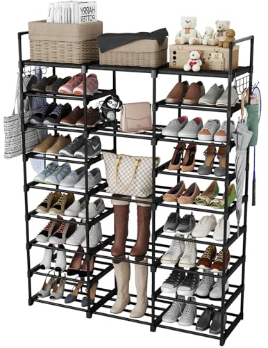 FINEW Schuhregal mit 9 Ebenen, DIY Schuhablagen aus Metall, 50-55 Paar Schuhe Aufbewahrung, Standregal Schuhschrank mit Haken für Wohnzimmer, Ankleidezimmer und Flur - Schwarz