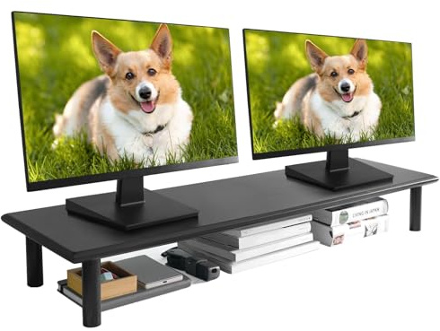 ROCDEER Bambus-Dual-Monitorerhöhung mit verstellbarer Höhe für Laptop, Computer, Drucker, TV-Ständer bis zu 59 kg, Schwarz