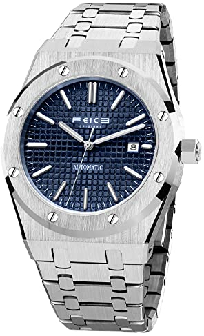 FEICE Herren-Armbanduhr, automatisch, Edelstahl, wasserdicht, Datum, analog, mechanische Uhr, Business-Armbanduhr, leuchtende Sportuhr, 42 mm Gehäuse, FF019, Blau, Blau, Business Casual