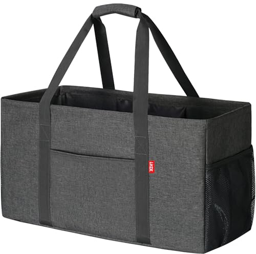 LHZK Standing Extra Large Utility Tote Bag with Metal Wire Frame and the Sides Rinforced, Extra Large Tote Bag with Handle, Reusable Grocery Bags Foldable, Beach Bag, Car Tote (Grey)