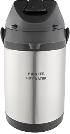 Pioneer 3.0L Stainless Steel Lever Airpot, Leakproof Flask for Hot and Cold Drinks, Easy Pump Drink Dispenser for Events with Water label