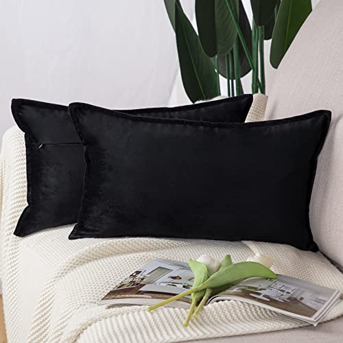 Madizz 2er Set Samt Dekorativ Zierkissenbezüge Luxus Stil Kissenbezug für Sofa für Schlafzimmer Schwarz 30x50 cm Rechteckigig