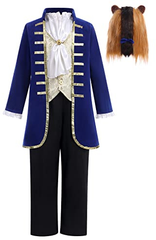 IMEKIS Disfraz de Bestia para Niño Príncipe Halloween Disfraces Chaqueta de Esmoquin con Pantalones Pieza para el Cuello Tocado Traje de Lujo para Cumpleaños Carnaval Azul marino 10-12 años