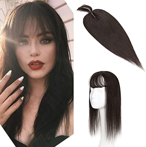 12 Pouces Complément Capillaire Femme Avec Frange - Silk Top Base 2.5 X 9 CM - Clip In Toppers Cheveux Humains Naturels Toupet Femme, #2 Brun Foncé
