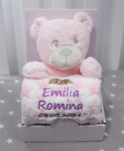 BotoBaby® - Geschenk-Set - Babydecke mit Namen und Geburtsdatum + Plüschtier - Geschenk Taufe Geburt Baby-Shower (Rosa - Teddybär)