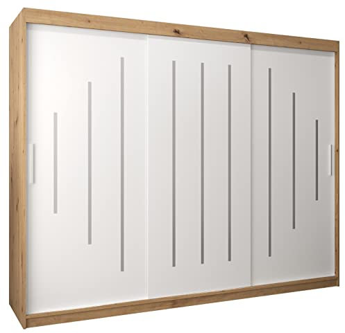 ABIKSMEBLE Armoire York 250 à Portes Coulissantes Avec Tringle et Étagère Pour Chambre à Coucher (Chêne Artisan + Blanc Mat)