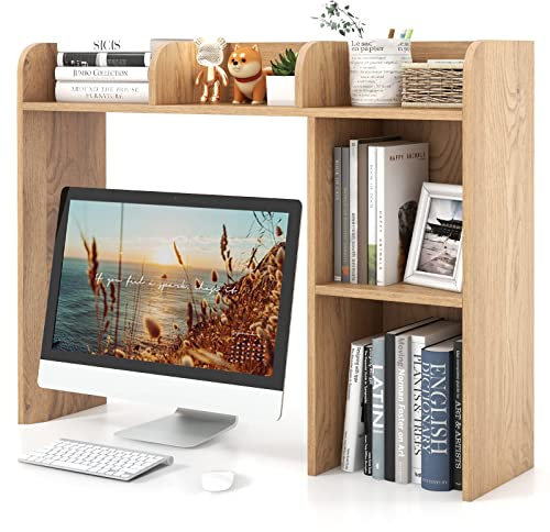 COSTWAY Schreibtischregal, Tischregal mit 4 Ablagen und offenem Fach, Ablagesystem, Mehrzweck-Tischorganizer für Schreibtisch, 94 x 25 x 74 cm (Natur)