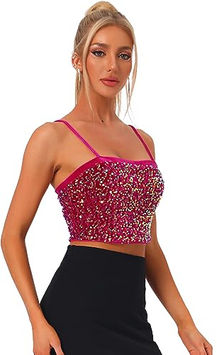 Allegra K Damen Pailletten samt Spaghettiträger Crop Cami Top | Ärmelloses Design Geeignet für Weihnachten Abschlussball Bühnenauftritt Pailletten Details Samtgefühl