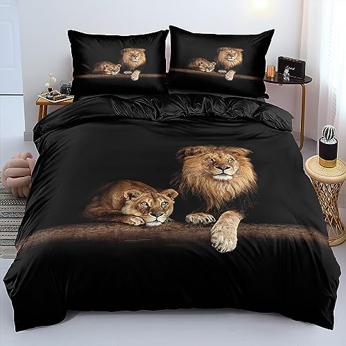 YASMENG Löwe Bettwäsche 135x200 4teilig Tiermotiv Braun Schwarz 3D Bettbezug Set Weich Mikrofaser Bettwäsche für Geschenke Zimmer Deko mit Reißverschluss und 2 Kissenbezüge 80x80 cm