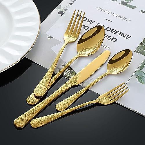 ESSONIO 60 Stück，Bestecksets Gold 12 Personen Geschirr 18/10 Edelstahl Dekoratives Geschnitztes Muster Besteck Set Küche Besteck Cutlery Set Enthalten Messer Teelöffel Gabeln und Löffel Geschirr Set