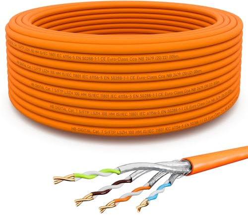 HB-DIGITAL 15m Câble Réseau CAT 7 LAN Ethernet - Certifié GHMT - LSZH Sans Halogène AWG23 – Cable d'installation Blindé, 10Gbit max. 1000MHz S/FTP PiMF Cuivre Solide pour Switch, Internet – Orange