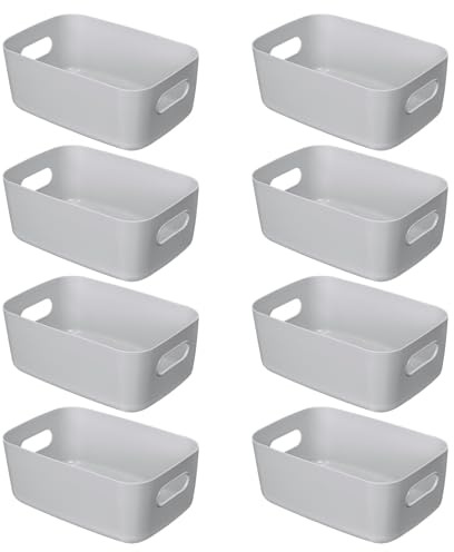 8 Stück Aufbewahrungsboxen aus Kunststoff, Stapelbare Aufbewahrungskorb | Grau Küchenschrank Organizer mit Griffen, Korb Aufbewahrung Box Körbe Kunststoffbox für Küche, Schrank, Büro, Bad, Spielzeug