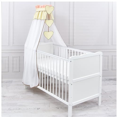 Generisch Baby Delux Babybett Himmel Betthimmel Chiffon Baldachin für Babybett Kinderbett Wiege Stubenwagen Himmelstange Applikationen Herz Deko (Karro Beige Apricot, mit Himmelstange)