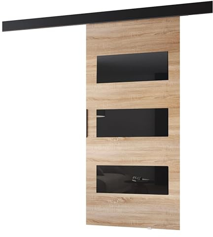 MINIO go for it - Schiebetüren 96 cm, Schiebetür Zimmertür PRIM E, Schiebetürsystem für Zimmer, Dekorative Elemente, Wandmontage, Türe Innen - Schwarz/Schwarzer Griff, Sonoma Eiche/Schwarz