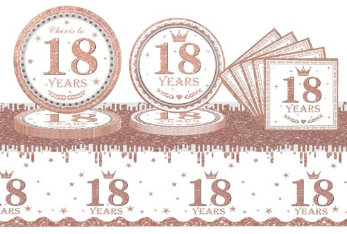 53Pcs Rose Gold Tableware Set 18th Birthday Table Cloth,Rose Gold 18th Paper Napkins and Paper Plates(7+9in),Rose Gold Paper Dinnerware 18th Anniversary Decor for Her 18th Birthday Party Supplies