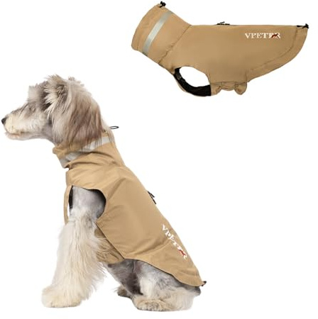BT Bear Hunde-Regenmantel, verstellbar, wasserdicht, leicht, mit reflektierenden Streifen, Hundeponcho, Regenmantel für kleine Hunde, Khaki, Größe M