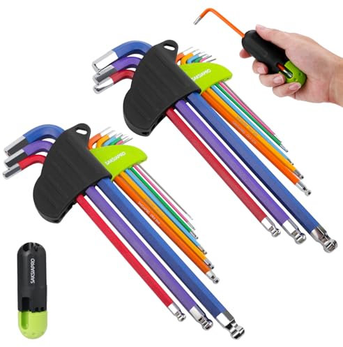 SAKSIAPRO Juego de llaves hexagonales codificadas por colores, 19 piezas métricas (1.5mm-10mm) y SAE (1/40.6 cm-3/20.3 cm), juego de llaves Allen de brazo extralargo con extremo de bola, mango en T,