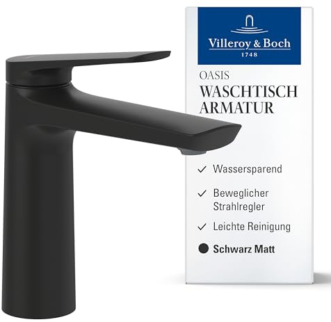 Villeroy & Boch Oasis Waschtischarmatur, Auslaufhöhe 114 mm – Schwarz Matt | Ohne Ablaufgarnitur, wassersparend, Keramikkartusche, rundes Design, TVW115001001K5
